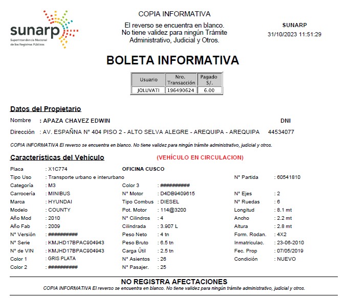 Boleta informativa Vehicular